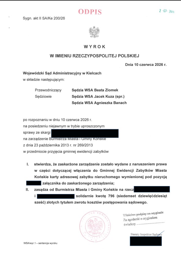 Gminna Ewidencja Zabytków w Końskich – kolejny korzystny wyrok kancelarii przed Wojewódzkim Sądem Administracyjnym w sprawie tzw. „cichego wpisu”